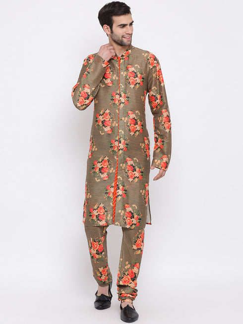 Vastramay Men's Orange Twill Jacket, Printed Kurta and Pyjama Set